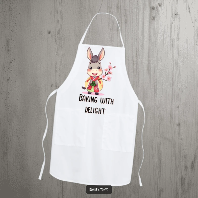 Jovial donkey in a colorful kimono, holding a cherry blossom, a fun and practical kitchen apron.