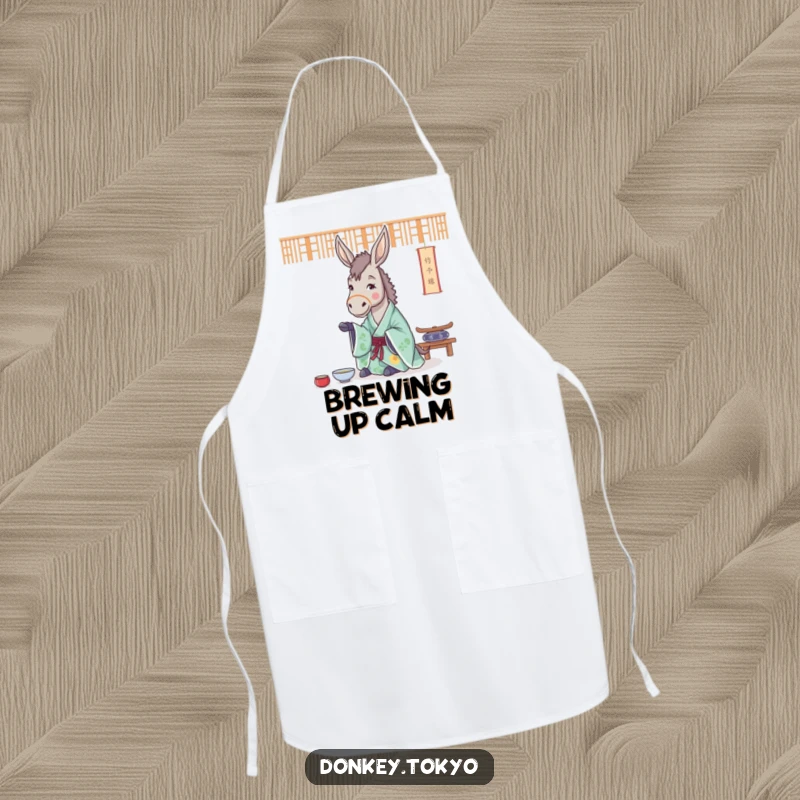 Funny apron showing a cheerful donkey in a flowing kimono, practicing a tea ceremony, ready to bring peace to the kitchen.