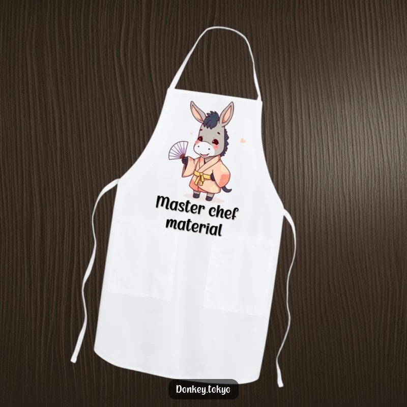 Funny donkey in a kimono, playfully tossing a paper fan, a delightful and functional kitchen apron.