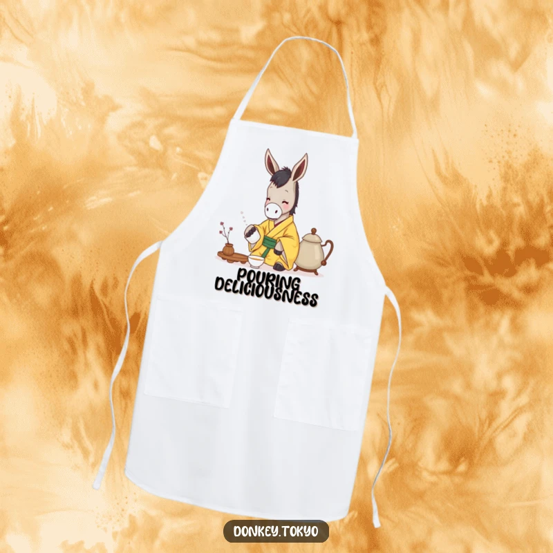 Funny donkey in a yellow kimono gently pouring tea, on an apron for a humorous and serene cooking experience.