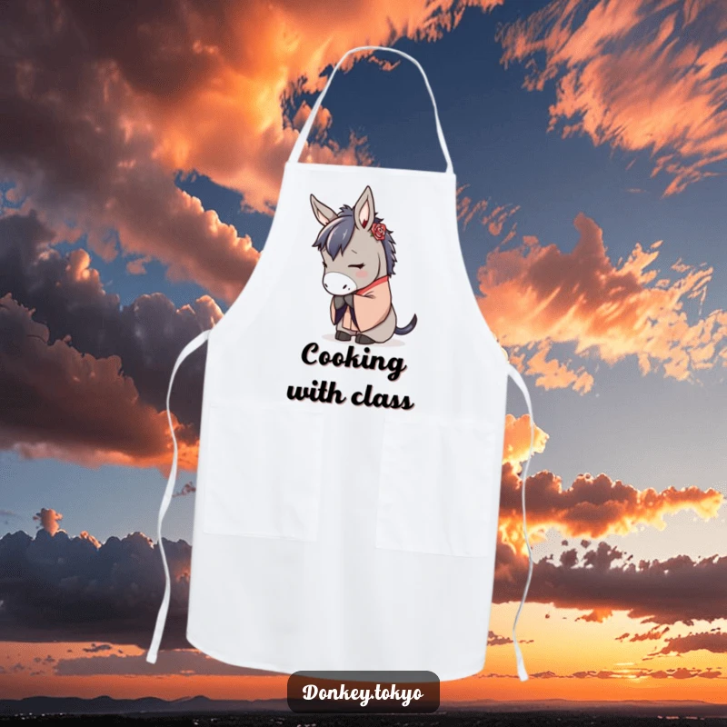 Serene donkey in a traditional kimono, bowing gracefully, a beautiful and functional kitchen apron.