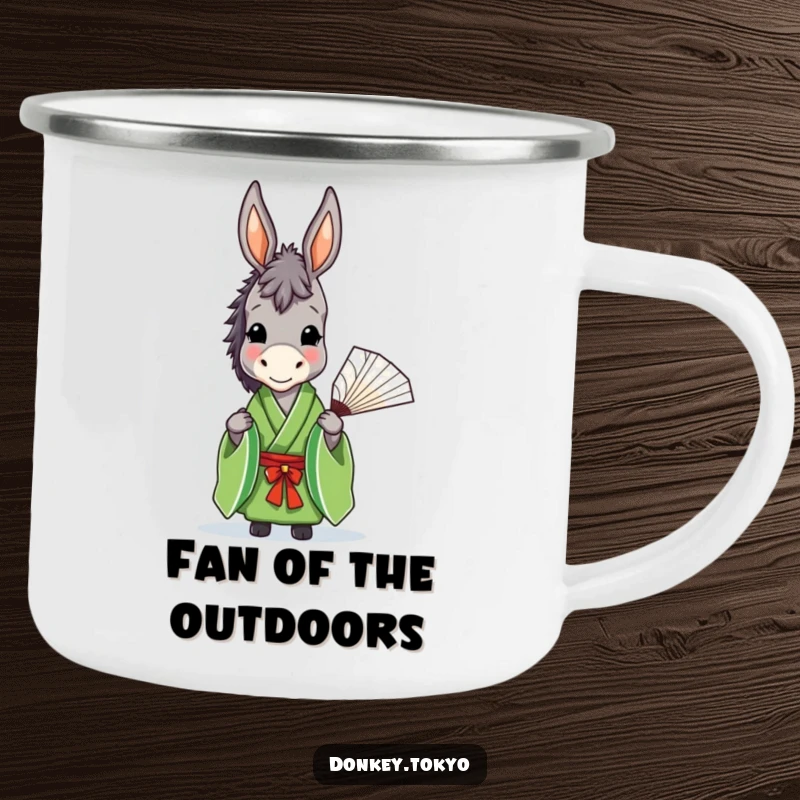 Funny donkey in a green kimono holding a fan, on a sturdy camping mug for humorous outdoor enjoyment.