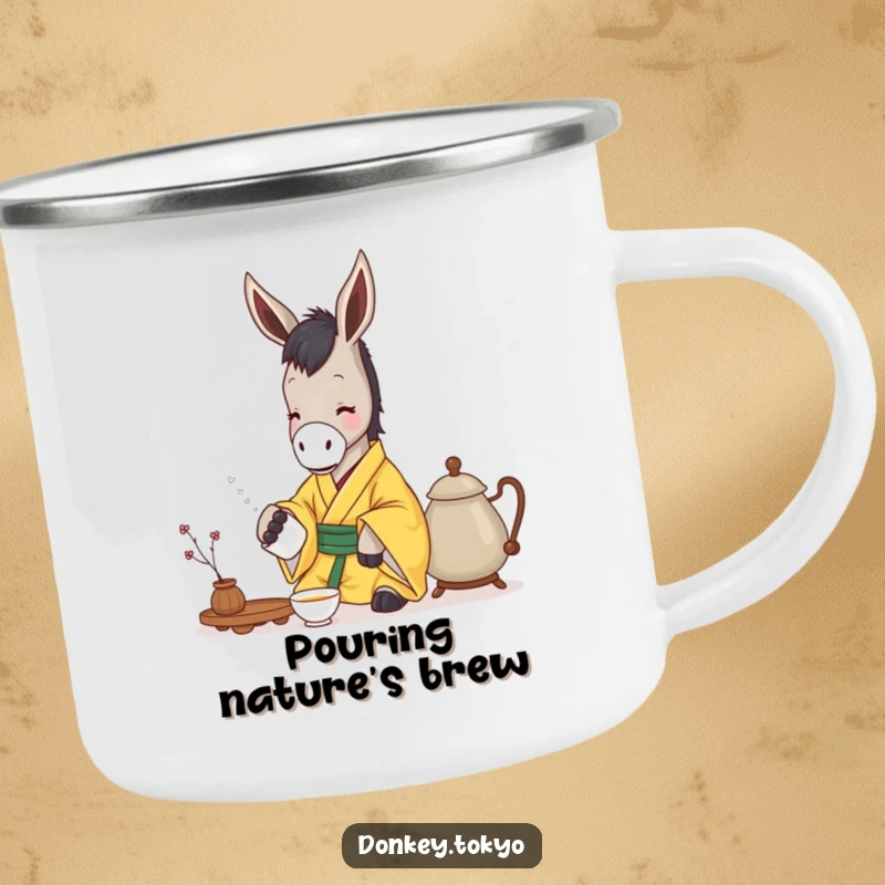 Funny donkey in a yellow kimono gently pouring tea, on a sturdy camping mug for humorous outdoor enjoyment.