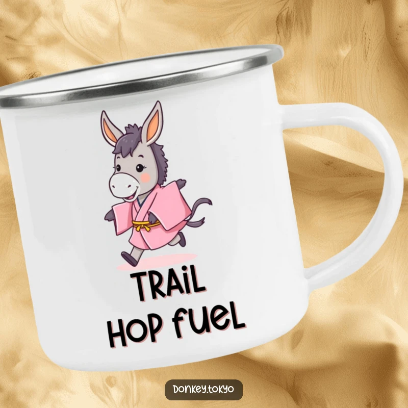 Funny, durable camping mug featuring a cute donkey in a pink kimono doing a playful hop, perfect for outdoor use.