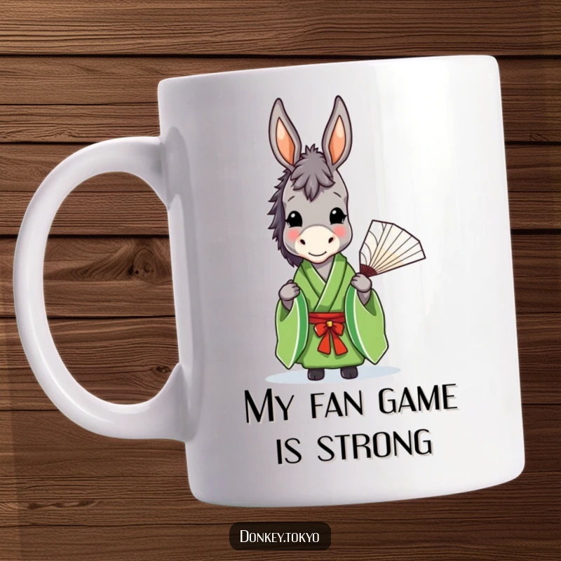 Funny donkey in a green kimono gracefully holding an open fan with a soft smile, perfect for a mug gift.