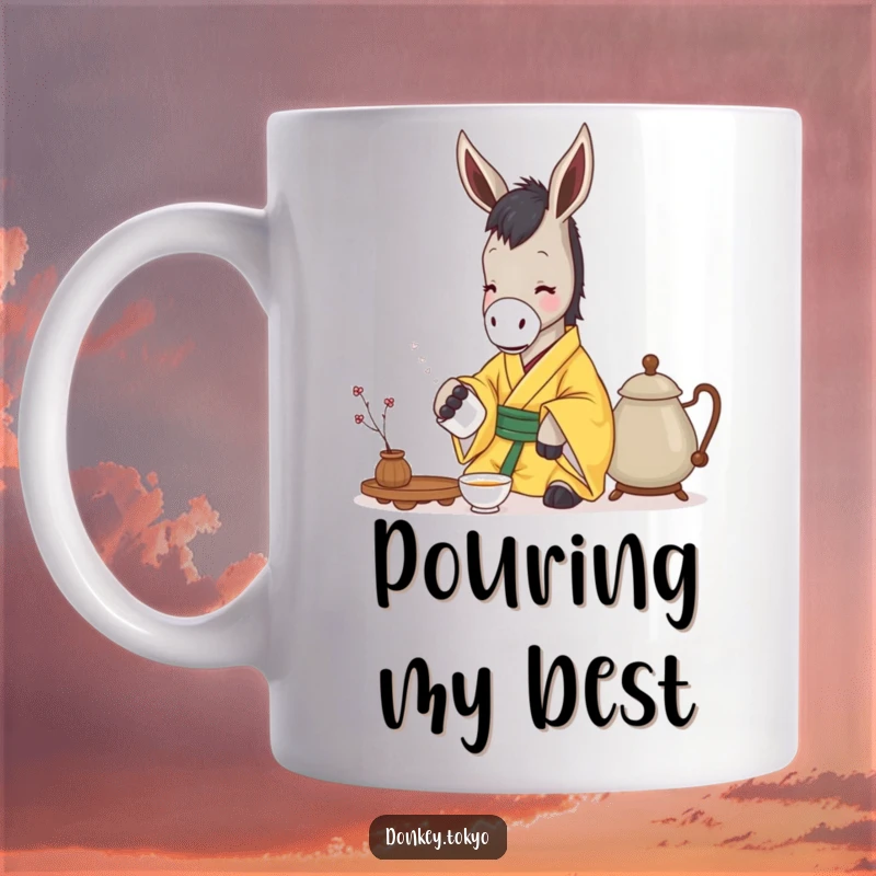 Funny serene donkey in a yellow kimono gently pouring tea from a pot, depicted on a mug for tranquil sipping.