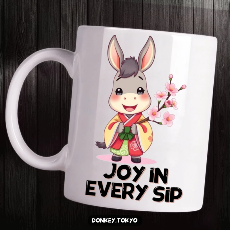 Jovial donkey in a colorful kimono, holding a blooming cherry blossom, radiating happiness and humor.