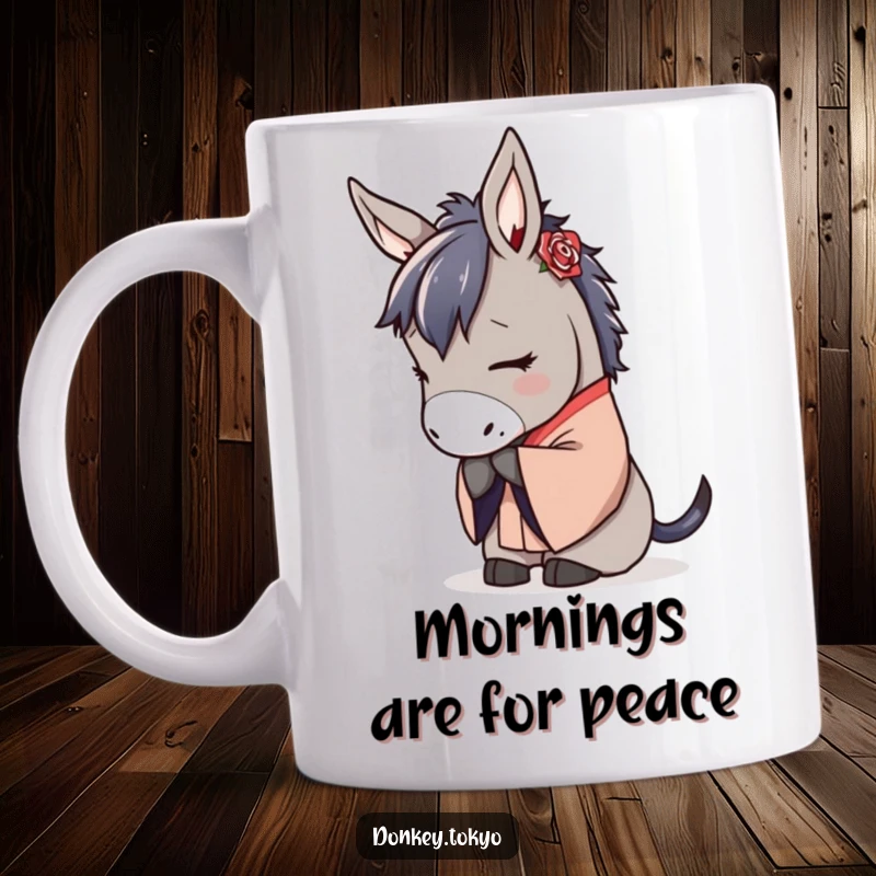 Serene donkey in a traditional kimono bowing gracefully, conveying peace and subtle humor.