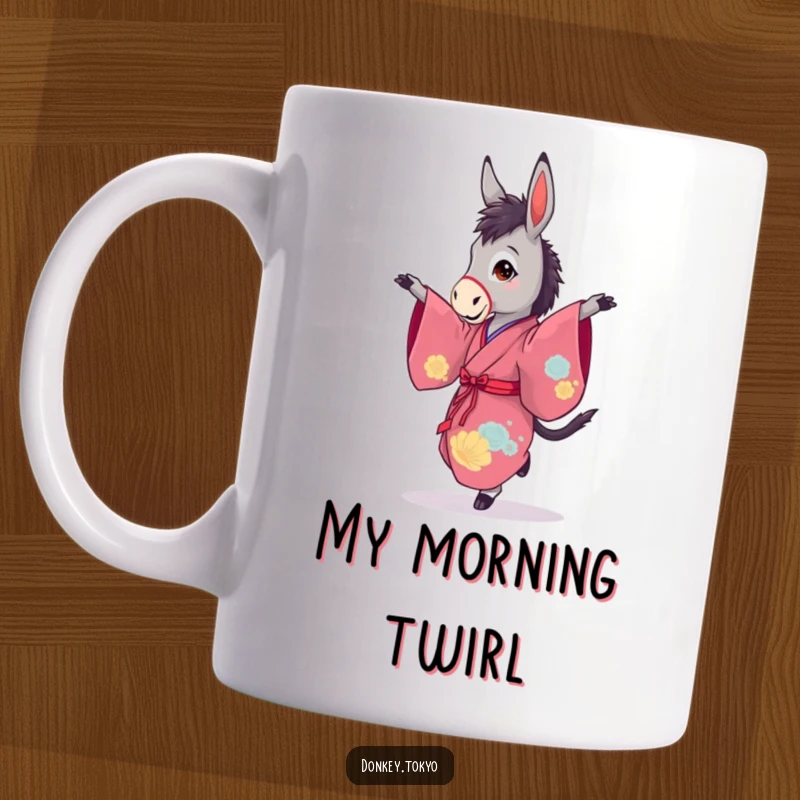 Funny mug showing a graceful donkey in a vibrant kimono, mid-pirouette, exuding elegance and unexpected charm.