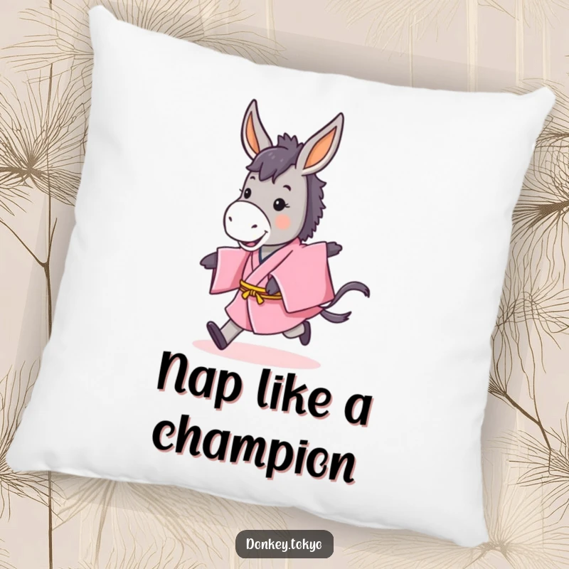 Funny pillow showcasing a cute donkey in a pink kimono performing a playful hop, offering comfort and cheerful appeal.