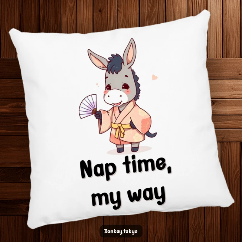 Funny donkey wearing a kimono, playfully tossing a fan, soft and humorous decorative pillow.
