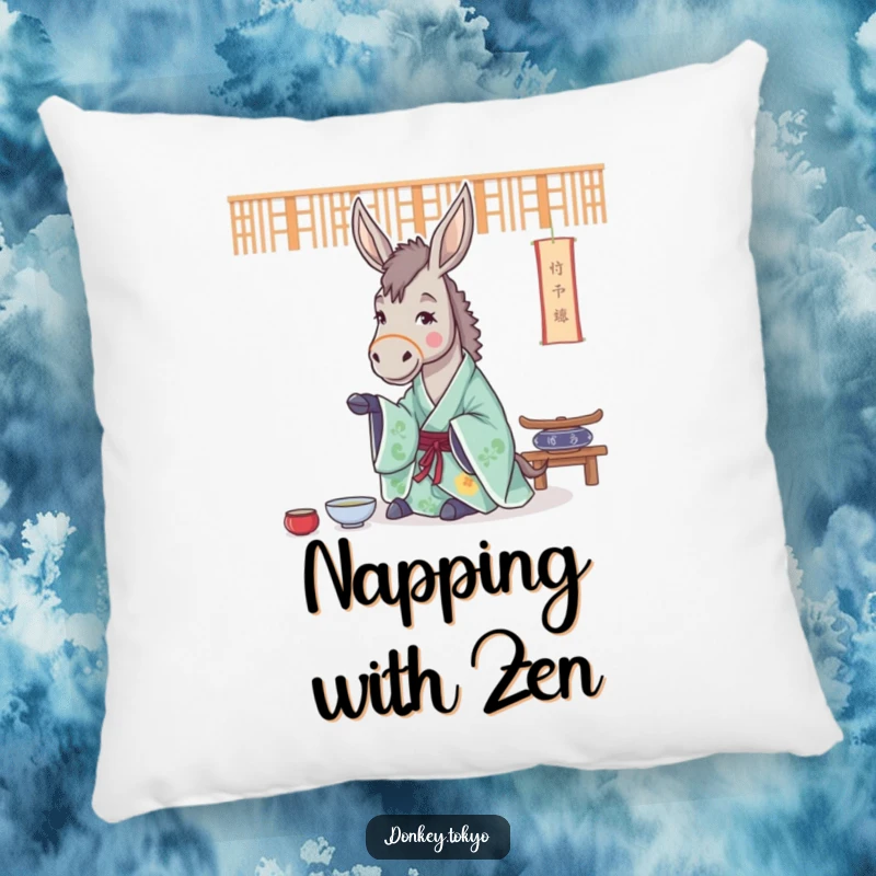 Funny pillow with a cheerful donkey in a flowing kimono, practicing a tea ceremony, perfect for creating a serene space.