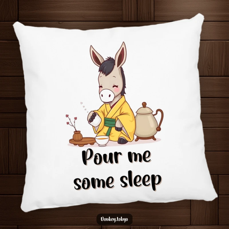 Funny donkey in a yellow kimono gently pouring tea, on a soft pillow for humorous comfort and serene decor.