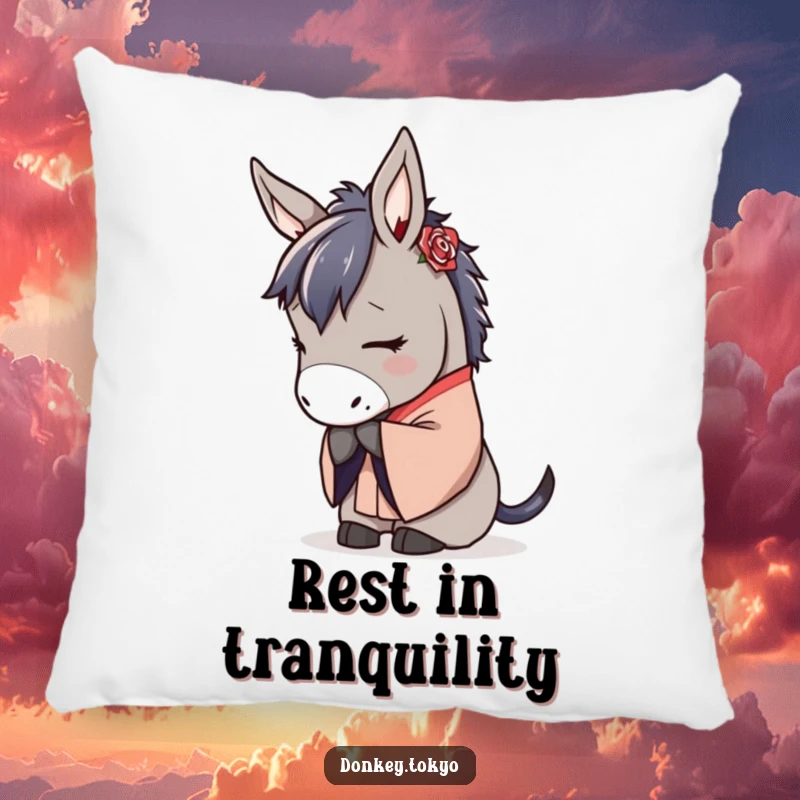 Serene donkey in a traditional kimono, bowing gracefully, a soft and calming decorative pillow.