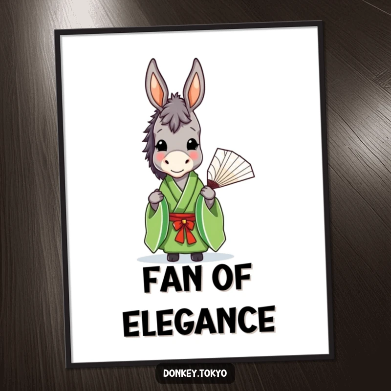 Funny donkey in a green kimono holding a fan, as a digital art print showcasing elegant and humorous style.