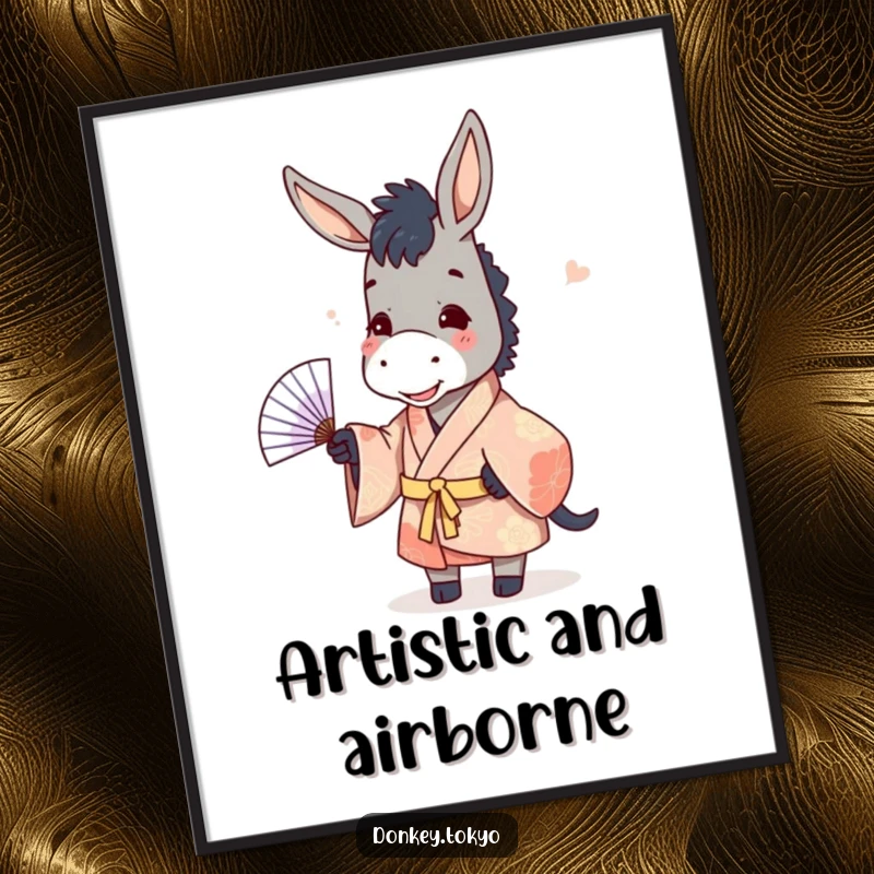 Funny donkey in a patterned kimono, tossing a paper fan, a whimsical and humorous digital art piece.