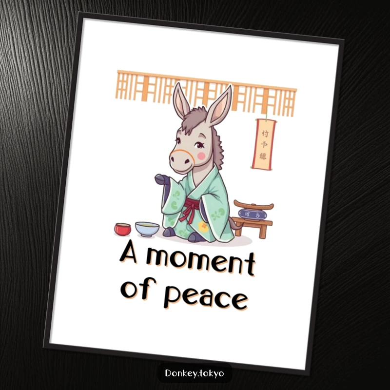 Funny digital art print of a cheerful donkey in a flowing kimono, practicing a tea ceremony, bringing zen to the decor.
