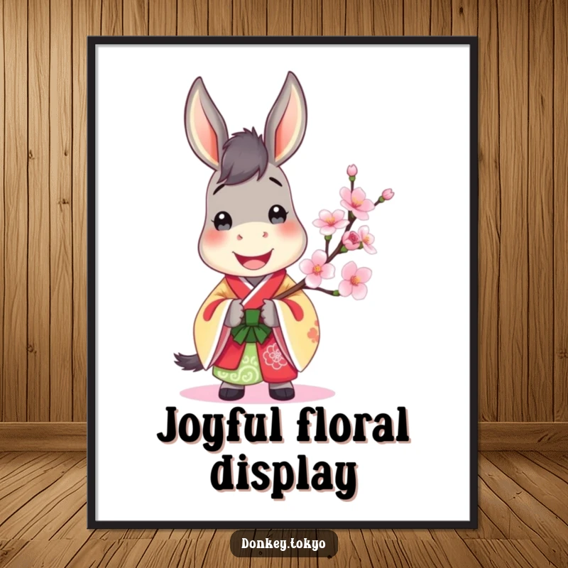 Jovial donkey in a colorful kimono, holding a blooming cherry blossom, cheerful and vibrant digital art.