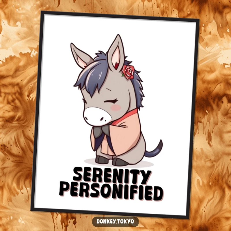 Serene donkey in a traditional kimono, bowing gracefully, elegant and calming digital art.