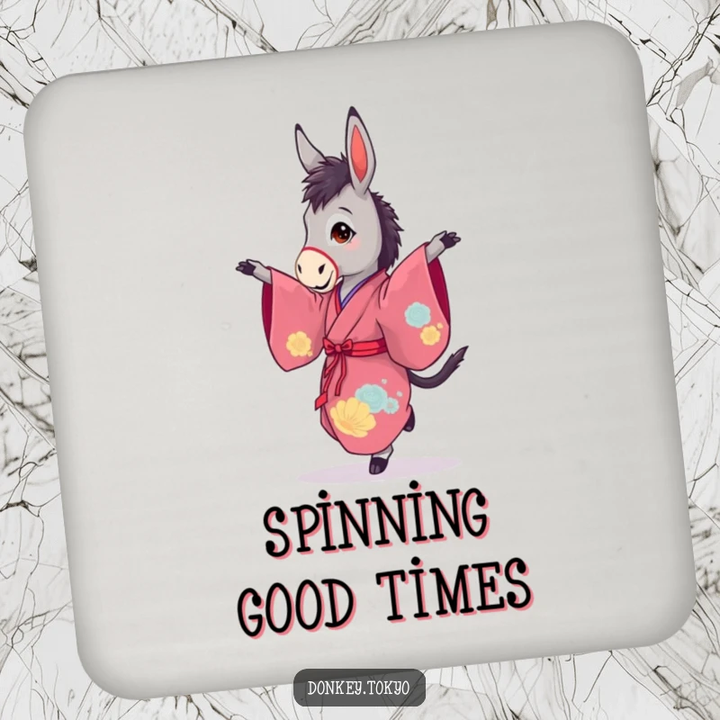 Funny drink coaster with a graceful donkey in a vibrant kimono, performing a pirouette, adding elegance to any surface.