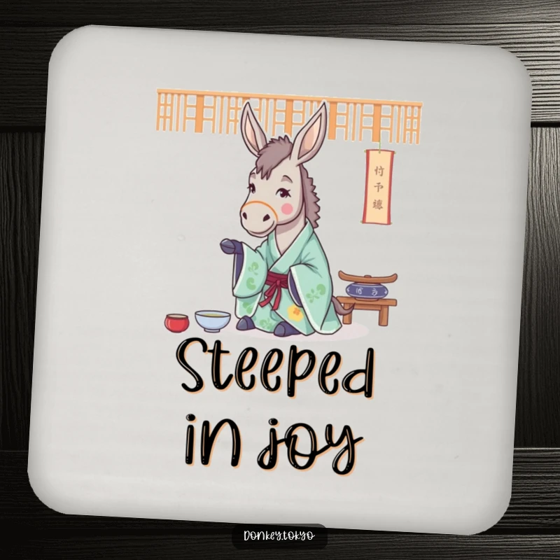 Funny drink coaster with a cheerful donkey in a flowing kimono, practicing a tea ceremony, bringing zen to any surface.