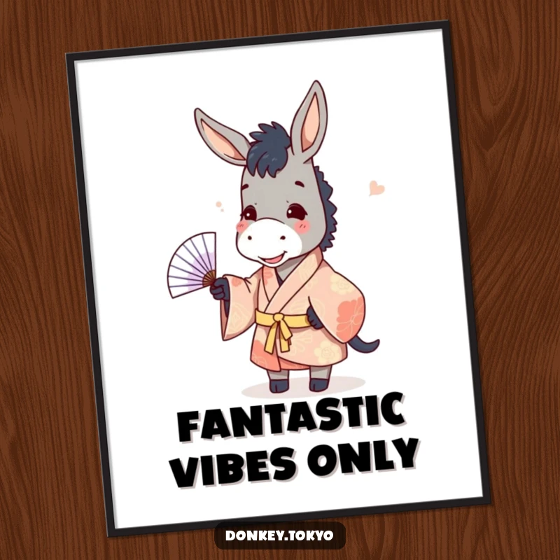 Funny donkey in a patterned kimono, in the action of tossing a paper fan, artful and amusing.