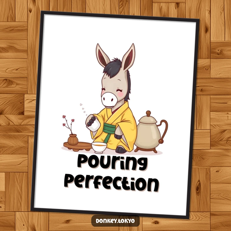 Funny donkey in a yellow kimono gently pouring tea, as a poster for peaceful and humorous wall art.