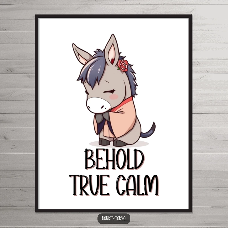 Serene donkey in a traditional kimono, bowing gracefully, elegant and peaceful wall art.