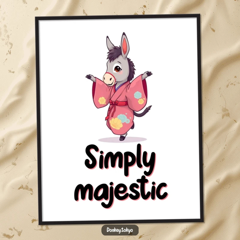 Funny poster featuring a graceful donkey in a vibrant kimono, mid-pirouette, showcasing elegance and whimsical artistry.