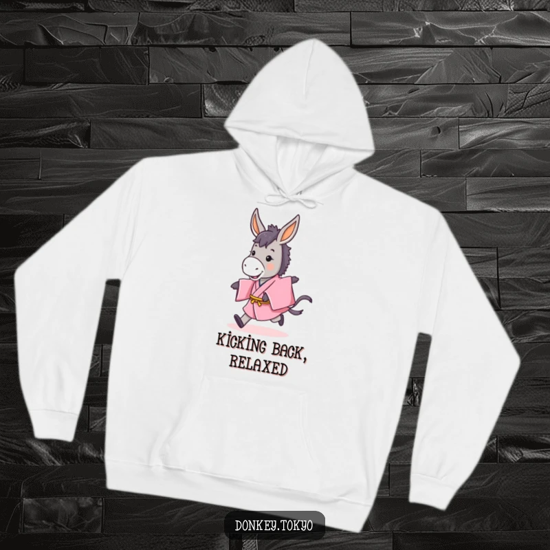 Funny, warm hoodie depicting a cute donkey in a pink kimono doing a playful hop, offering comfort and humor.