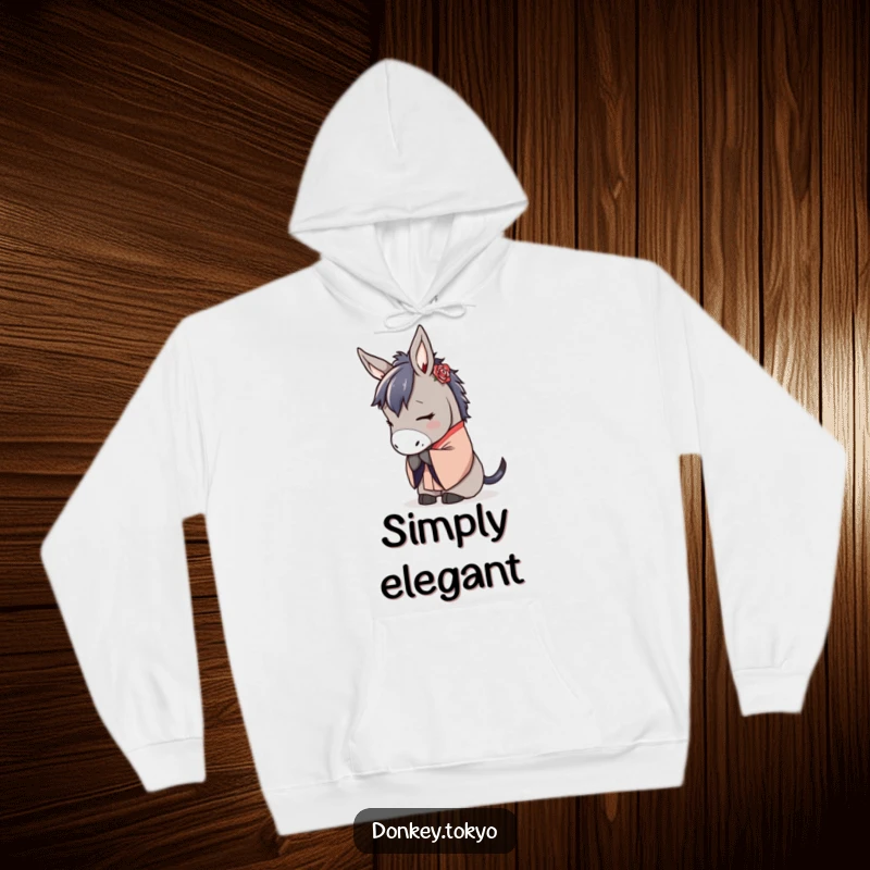 Serene donkey in a traditional kimono, bowing gracefully, a soft and calming humorous hoodie.