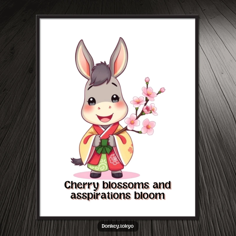 Jovial Free Printable Donkey Wall Art: Donkey in colorful kimono holding cherry blossom, adding joy