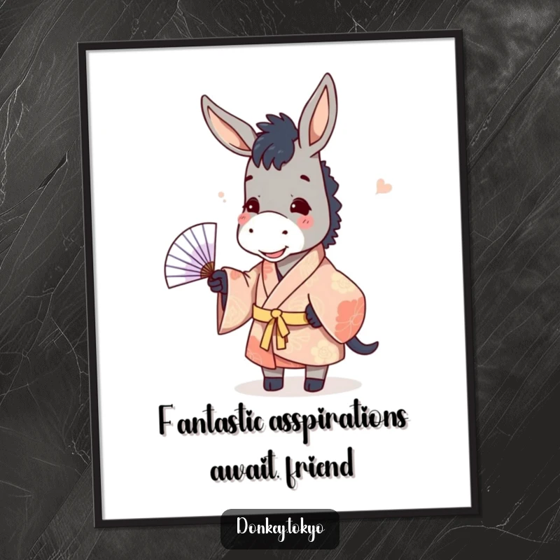 Funny Free Printable Donkey Wall Art: Playful donkey in kimono tossing fan, adding humor