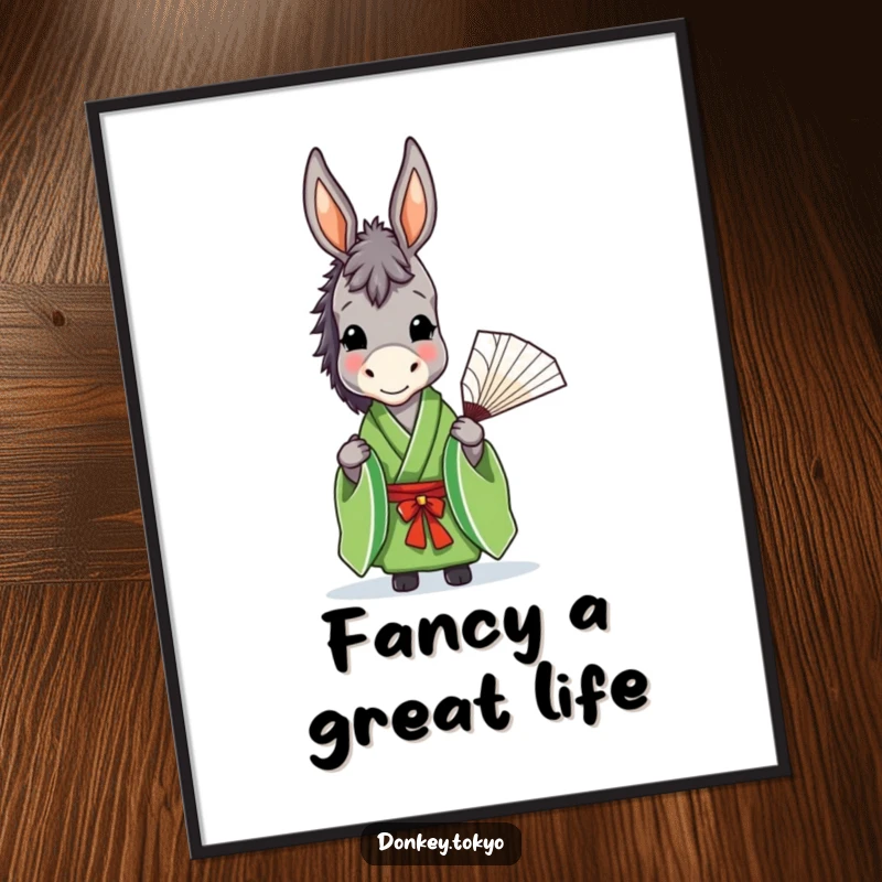 Free Printable Wall Art: A donkey in a green kimono holds a fan with a soft, graceful smile depicted.