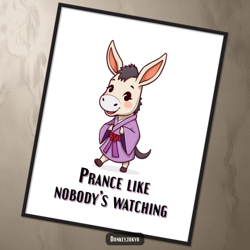 Free Printable Wall Art showing a happy donkey in a purple kimono doing a charming, dignified prance.