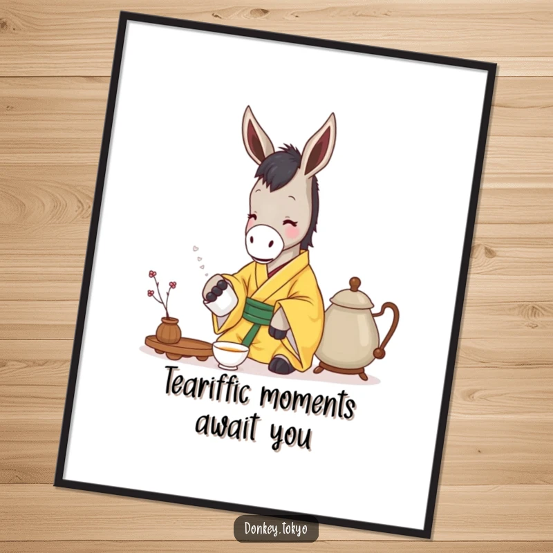 Free Printable Wall Art depicting a serene donkey in a yellow kimono gently pouring tea with a peaceful expression.