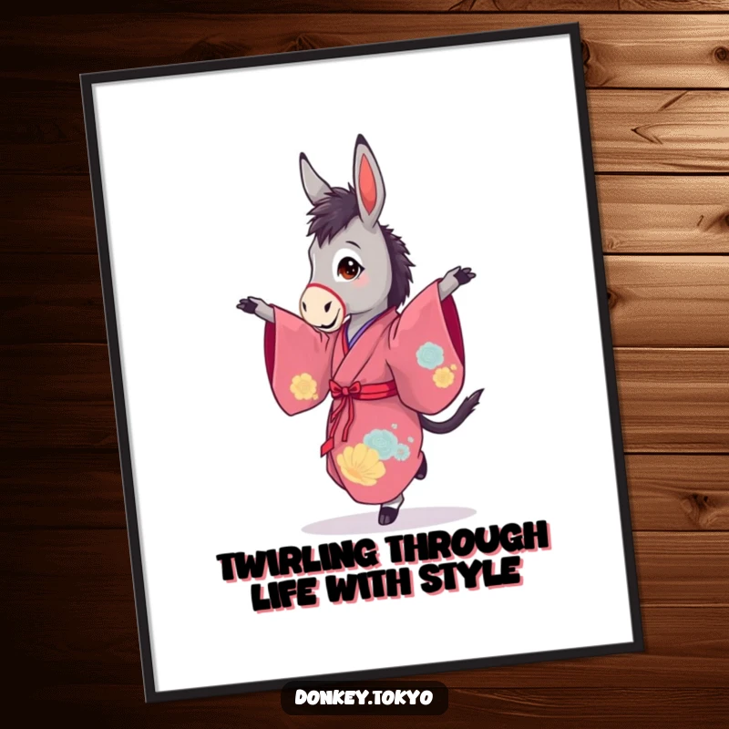 Funny Free Printable Wall Art: A graceful donkey in a vibrant kimono performs a gentle pirouette with poise.