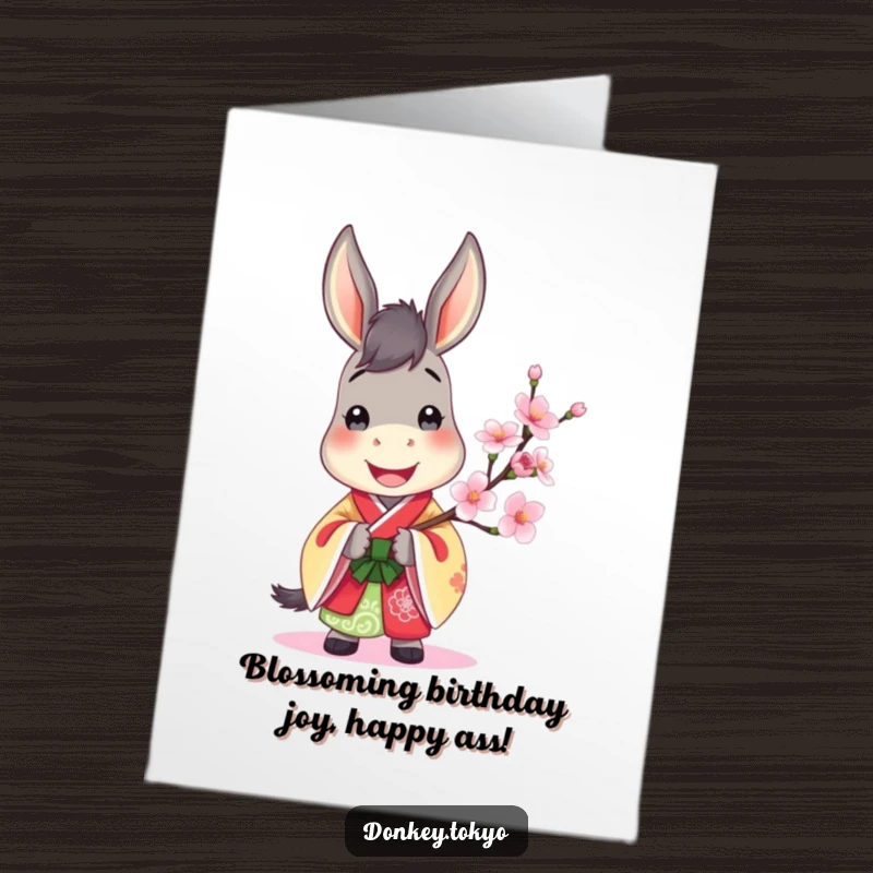 Jovial Free Printable Birthday Card: Donkey in colorful kimono holding cherry blossom, spreading cheer