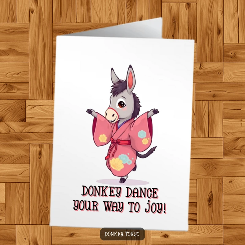 Funny Free Printable Birthday Card: Graceful donkey in a vibrant kimono performs a delicate pirouette.