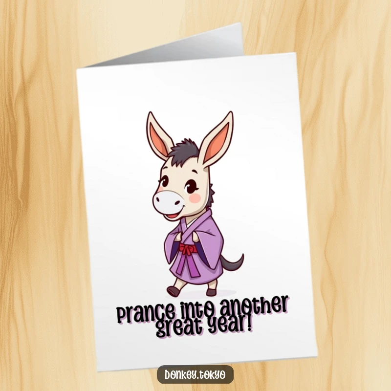 Funny Free Printable Birthday Card of a happy donkey in a purple kimono doing a small, dignified prance.
