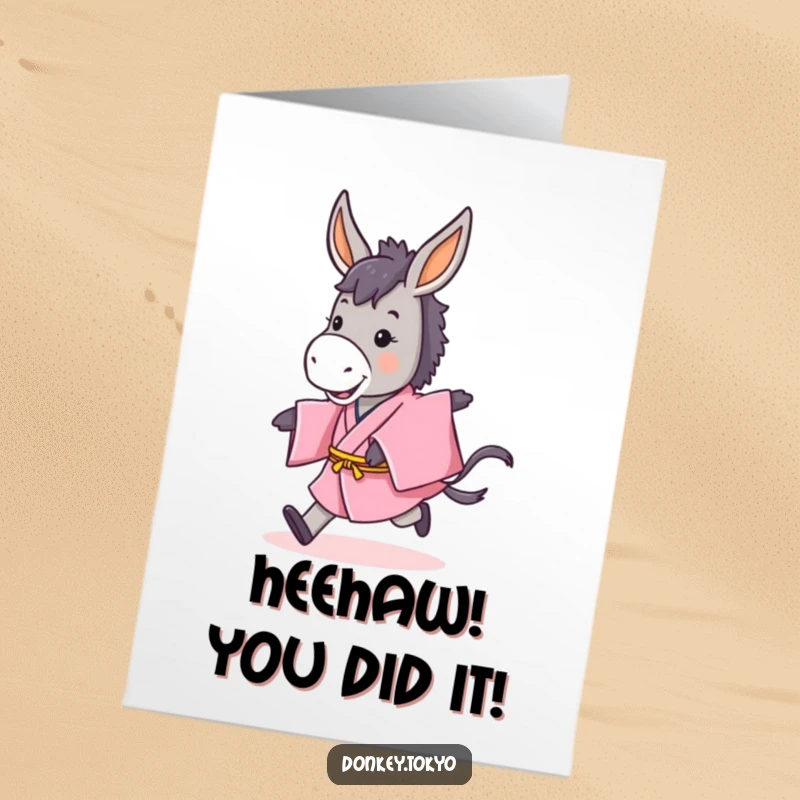 Funny Free Printable Donkey Congratulations Card, donkey in pink kimono celebrating, downloadable success.