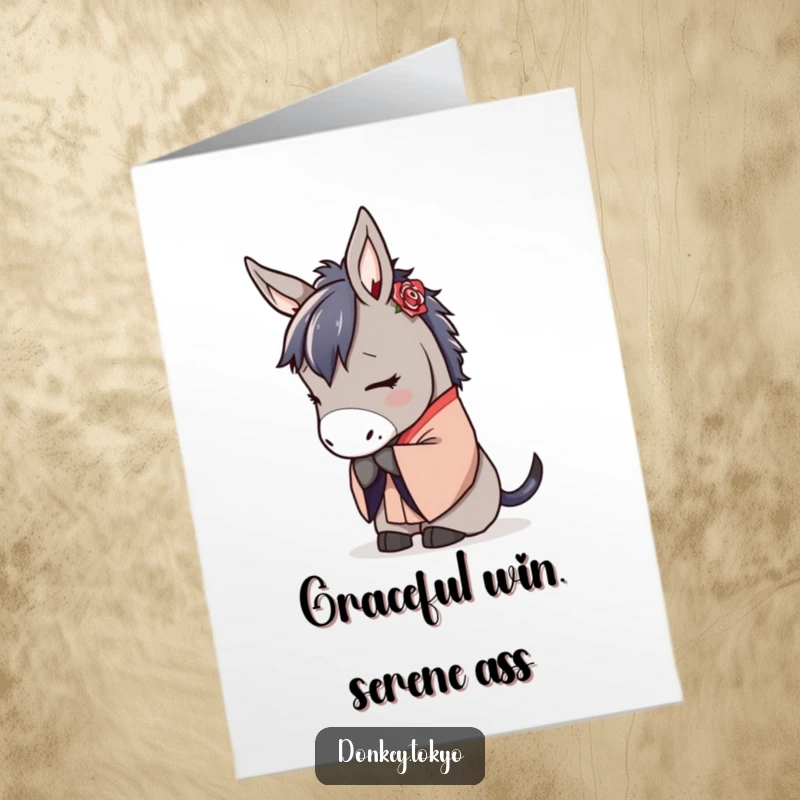 Serene Free Printable Congrats Card: Donkey in traditional kimono bowing gracefully, signifying achievement