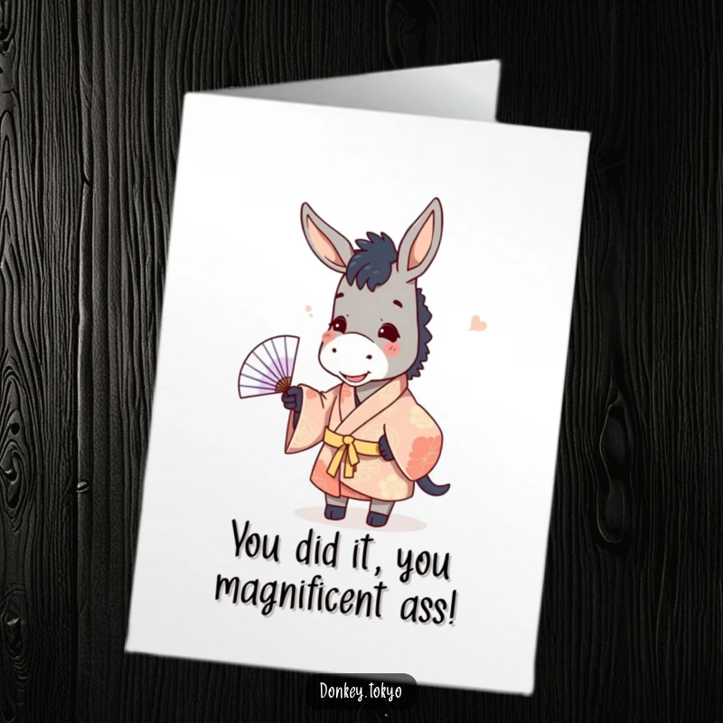 Funny Free Printable Congrats Card: Playful donkey in kimono tossing fan, celebrating success