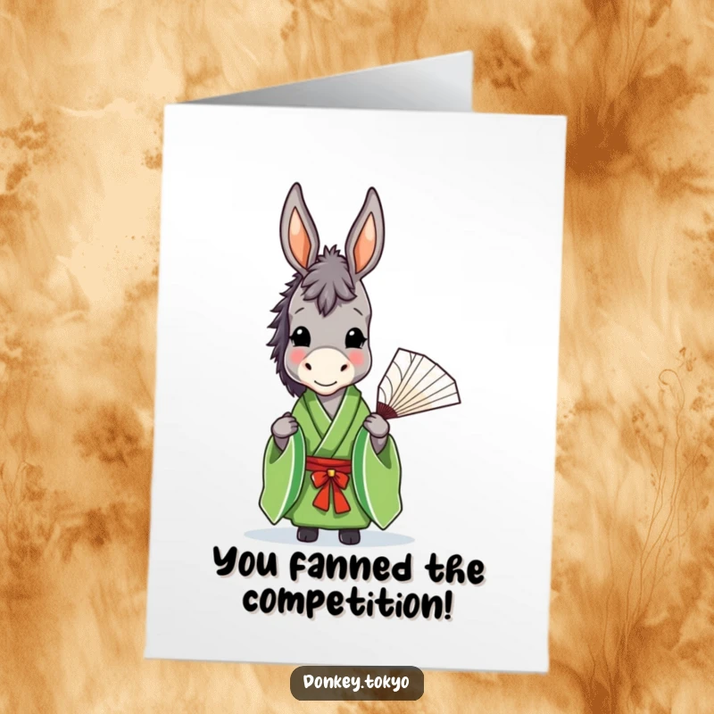 Funny Free Printable Congratulations Card showing a donkey in a green kimono doing a small, elegant prance.