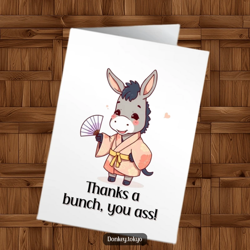 Funny Free Printable Thank You Card: Playful donkey in kimono tossing fan, expressing thanks