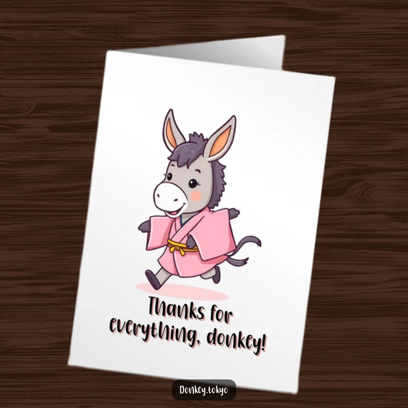 Funny Free Printable Donkey Thank You Card, donkey in pink kimono with happy expression, unique downloadable gift.