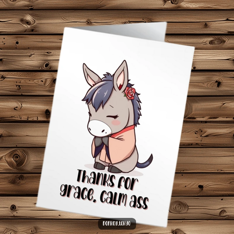 Serene Free Printable Thank You Card: Donkey in traditional kimono bowing gracefully, expressing gratitude