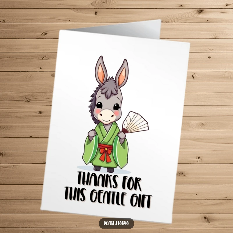 Funny Free Printable Thank You Card with a donkey in a green kimono holding a fan, looking serene.