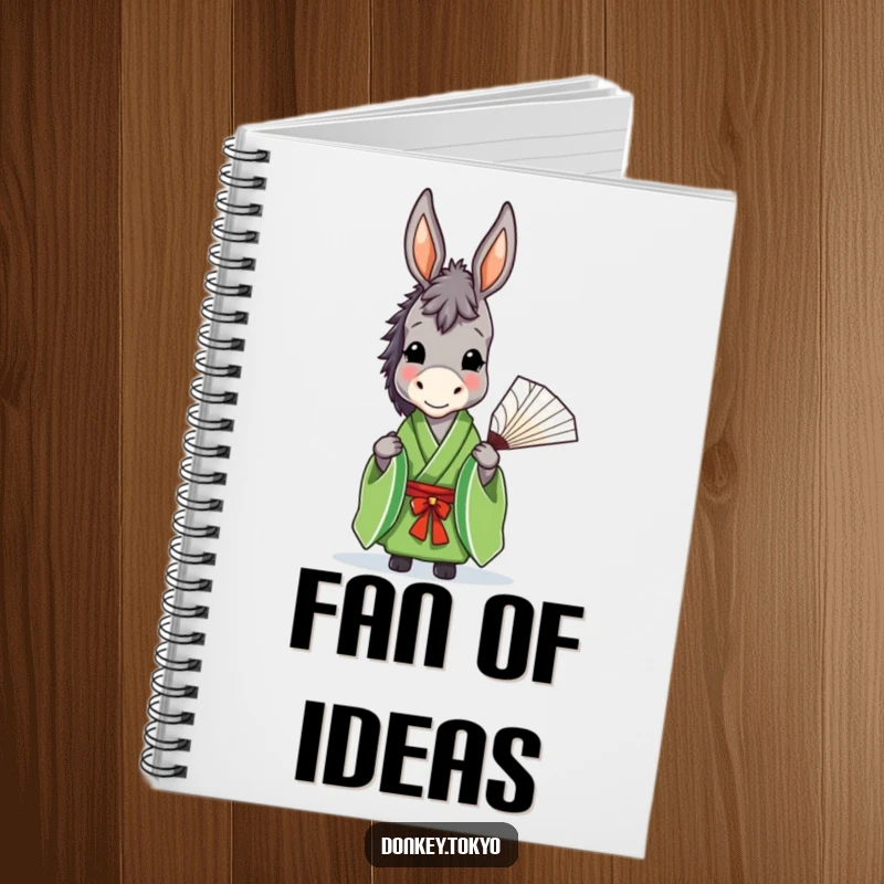 Funny donkey in a green kimono holding a fan, on a notebook cover for humorous note-taking.