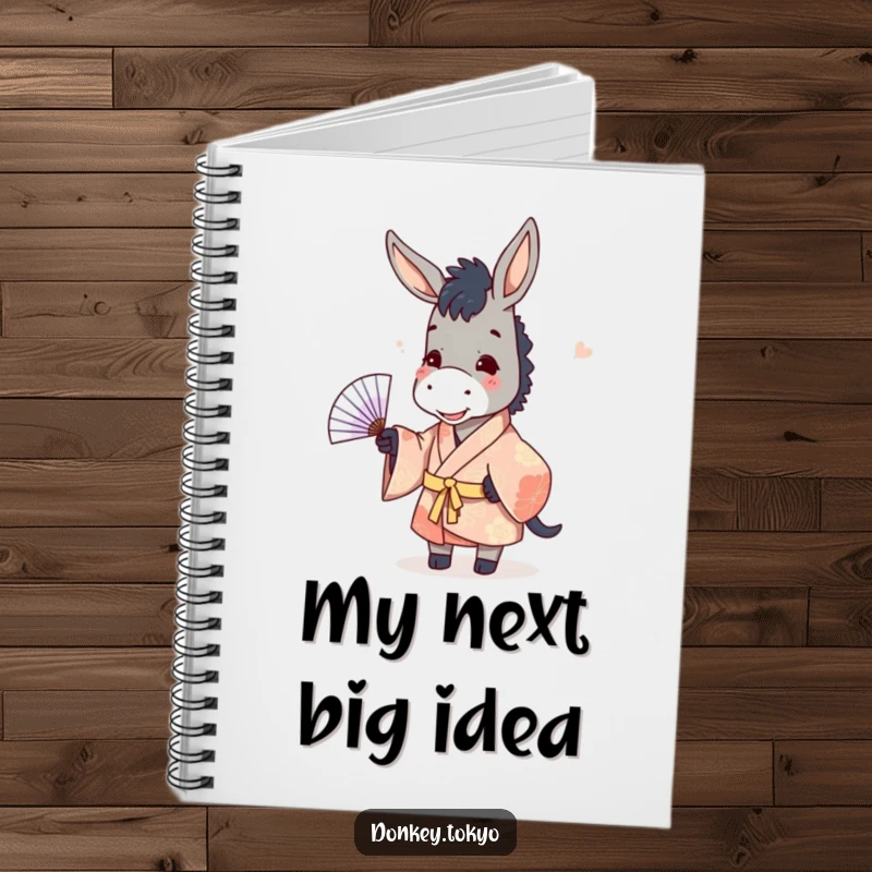 Funny donkey in a patterned kimono, playfully tossing a fan, a humorous and practical notebook.
